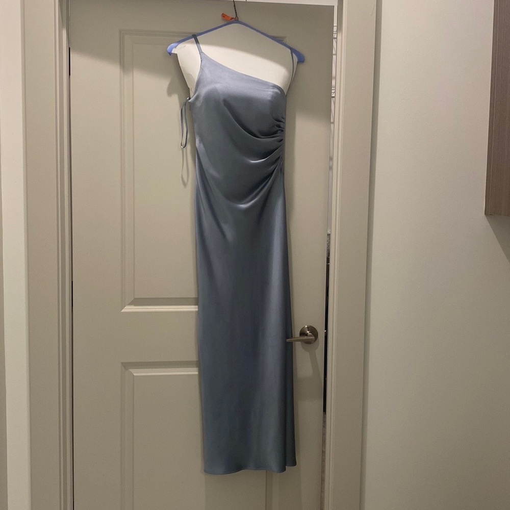 Dusty blue one shoulder dress. Perfect for a wedding in spring, summer, fall.